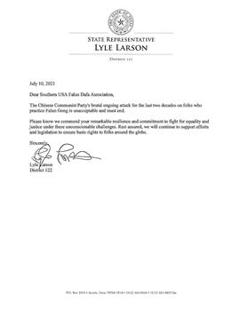 '图6:第122区州众议员莱尔·阿森纳(Lyle Larson)支持信'