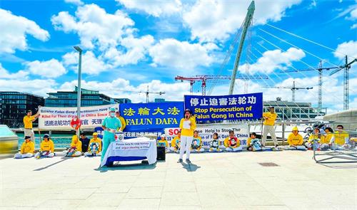 '图1:2021年7月14日,爱尔兰法轮功学员在都柏林国际会议中心外举行集会,揭露中共活摘器官罪行和对法轮功长达22年的迫害。'