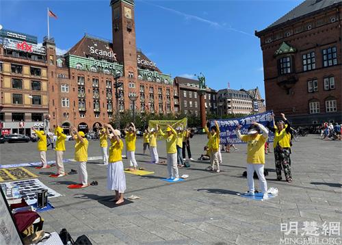 '图2:下午在哥本哈根市政厅广场,法轮功学员向民众讲述中共持续二十二年的迫害法轮功的罪行。'