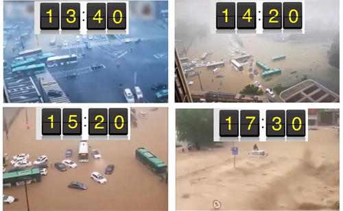 图1:2021年7月20日,郑州市民实拍的洪水发展,水位在半个多小时内突然暴涨,水流湍急。