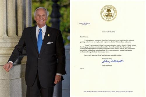 '图16:南卡州州长亨利‧麦克马斯特(Henry McMaster)的贺信。(大纪元)'