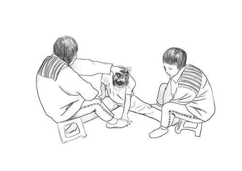 '酷刑示意图七:双腿强行一字劈开,脚碾手指、手背。'