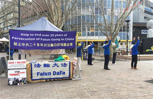 图1:堪培拉学员在市中心传播真相,展示法轮功五套功法。