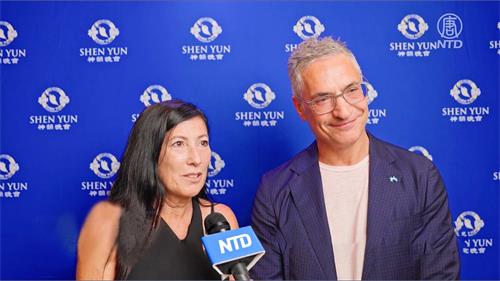 '图10:帕玛大学教授、皮肤科医生塞尔吉奥·迪努佐(Sergio Di Nuzzo)与友人克莉丝汀娜·加巴(Cristina Gabba)。(新唐人电视台)'