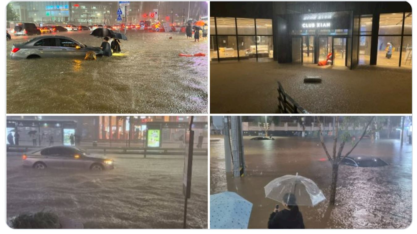 '图1:韩国遭遇几十年来创纪录的大雨,水漫房屋、道路和地铁站,电力被切断。(网络图片)'