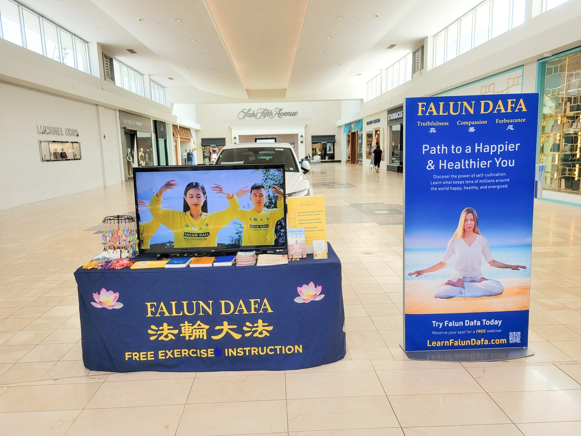图1:纽约长岛沃尔特怀特曼购物中心(Walt Whitman Mall)迎来了法轮大法展位。(长岛学员提供)