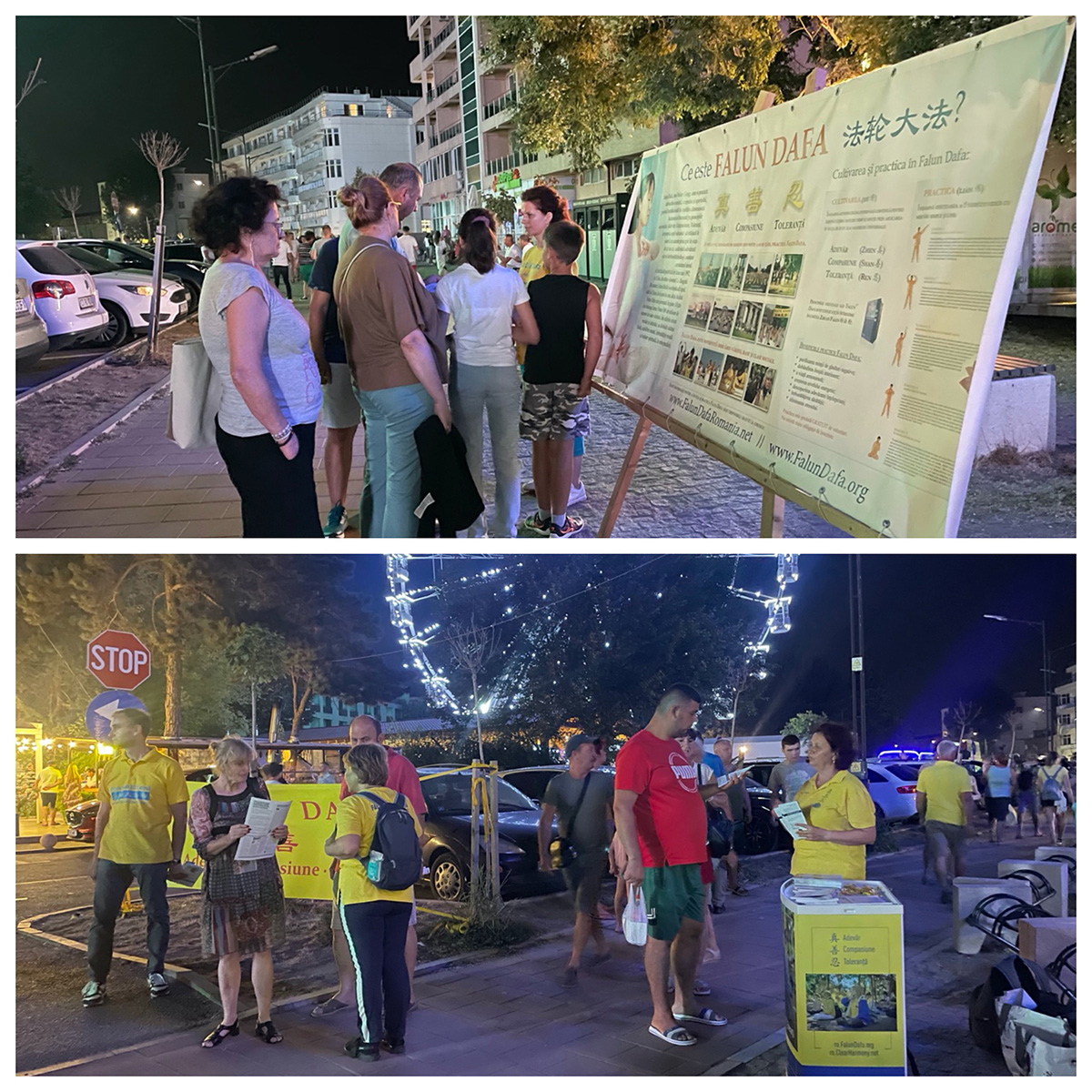 图2:二零二二年八月十六日,法轮功学员在北伊芙利亚举办弘法活动。有的游客驻足阅读真相展板,有的与学员交谈,了解法轮功及其真相。