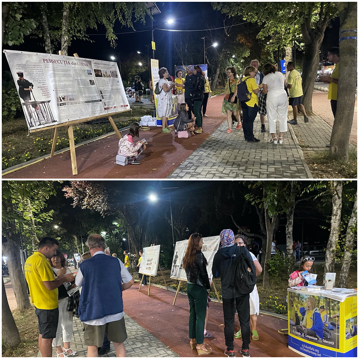 图5~6:夜幕降临,南伊芙利亚海滩的游人依然不断,游人们经过真相点时,有的阅读真相展板;有的与学员交谈,了解法轮大法的信息。