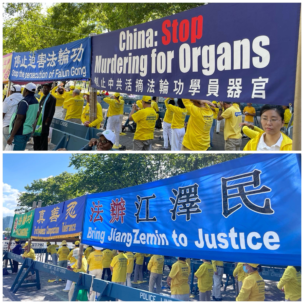 图1:二零二二年九月十九日至二十四日,纽约法轮功学员在第七十七届联合国大会举办期间,每天在联合国总部外的哈玛绍广场和平请愿,要求国际社会制止中共对法轮功长达二十三年的残酷迫害。