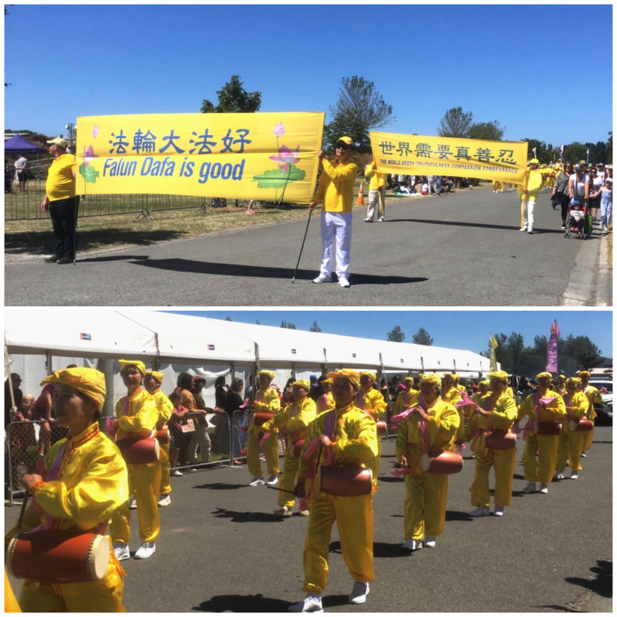 图11:二零二三年十一月二十六日,新西兰法轮功学员参加了南岛基督城的圣诞游行,给当地居民带去了法轮大法的福音。