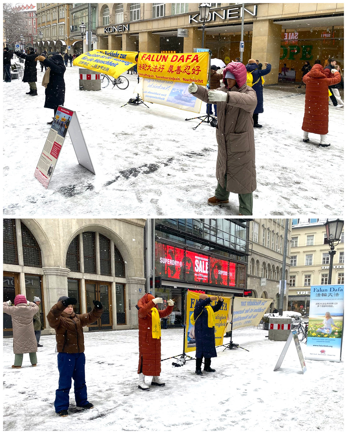 图1:二零二三年一月二十一日正值除夕,法轮功学员冒雪在内城步行街森德林根街(Sendlinger Straße)举办信息日活动,传播法轮功的真相。
