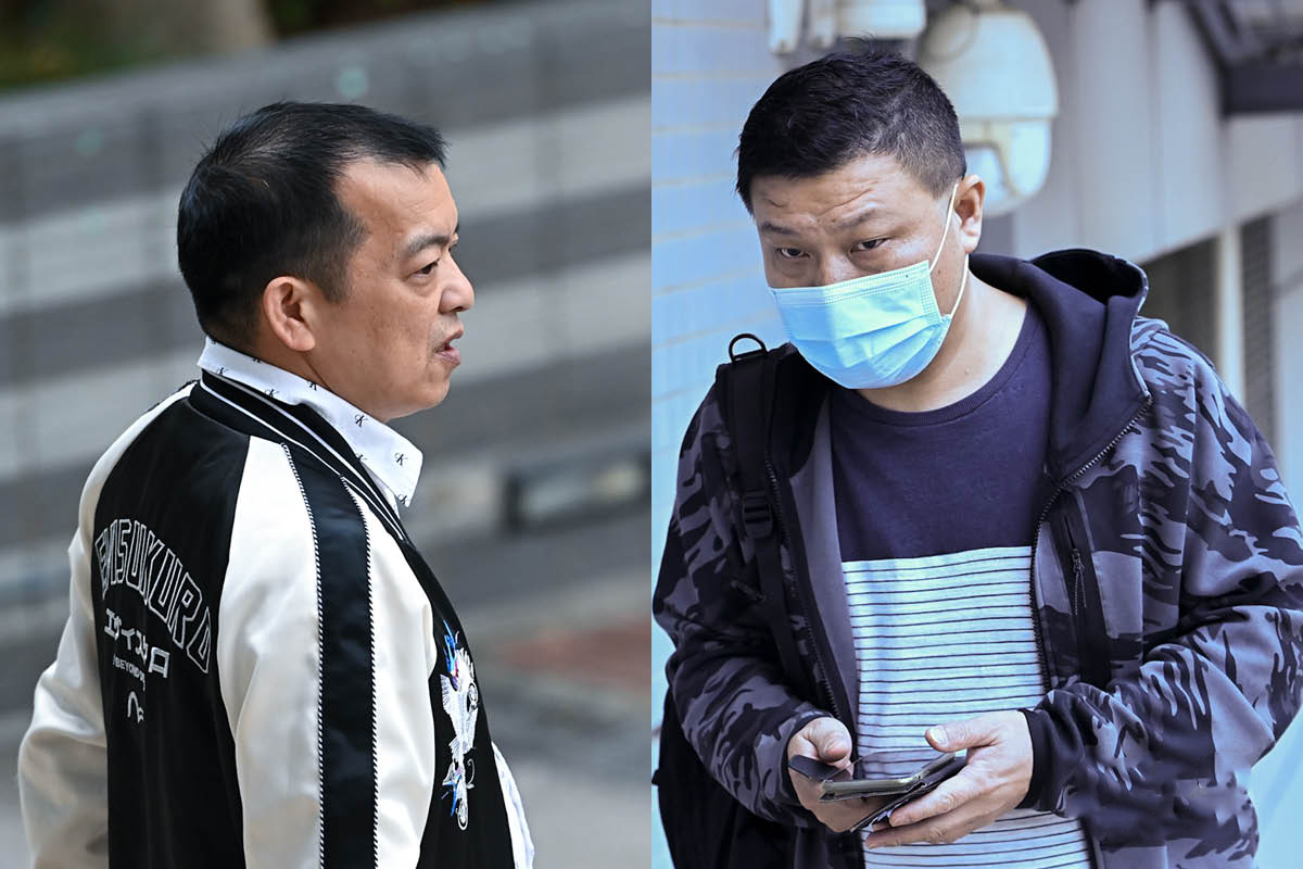 图1:二零二三年三月二十八日九龙城法院就二零二一年四月法轮功真相点遭亲共暴徒刑毁案件进行续审。图为两名被告卓进燊(左)及周永林(右)