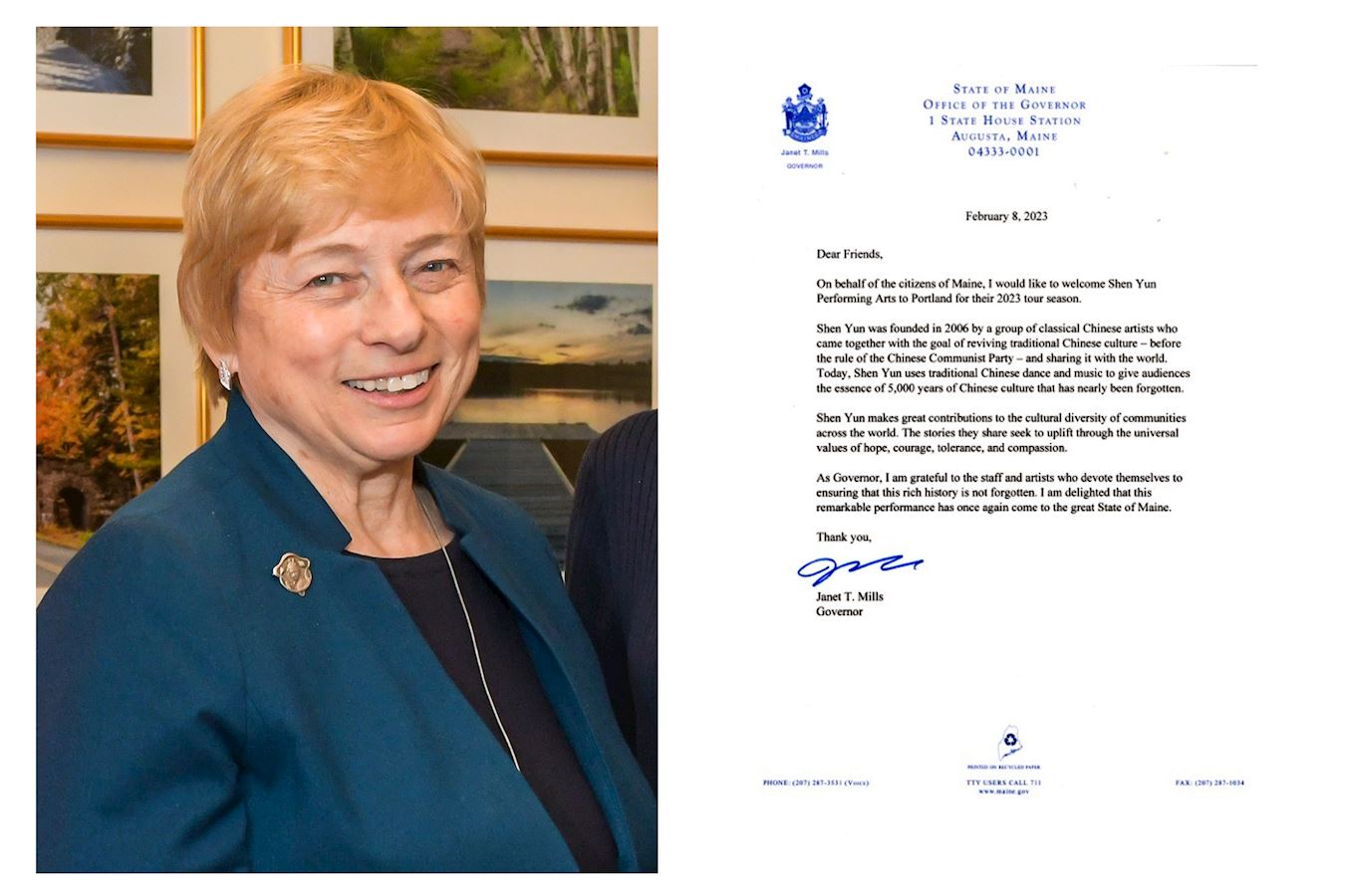 '图16:美国缅因州州长米尔斯(Janet Mills)于二零二三年二月八日向神韵赠予褒奖,欢迎神韵艺术团的到来。(大纪元)'
