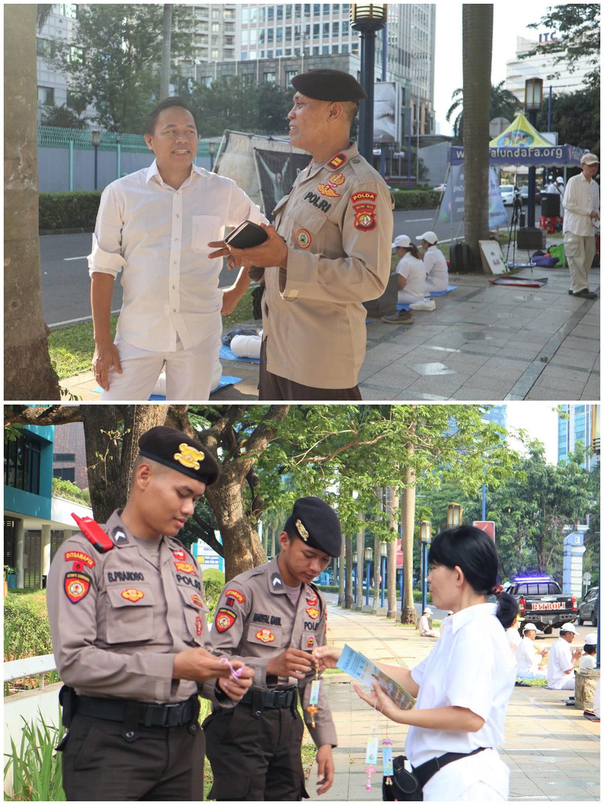图10:法轮功学员和执勤的警察们交谈,并递上真相资料