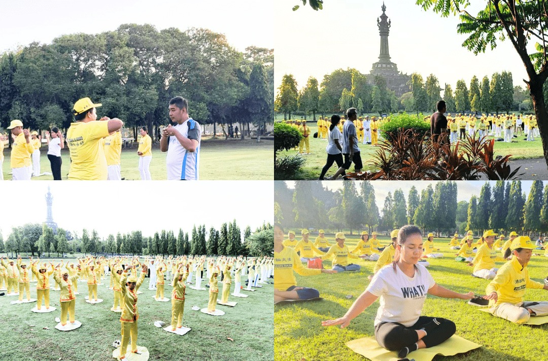 图1:法轮大法学员集体炼功,许多来到广场的民众看到之后随地跟着学炼功法。