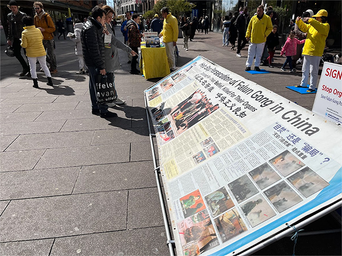 图8:荷兰民众在法轮功展位前了解真相。