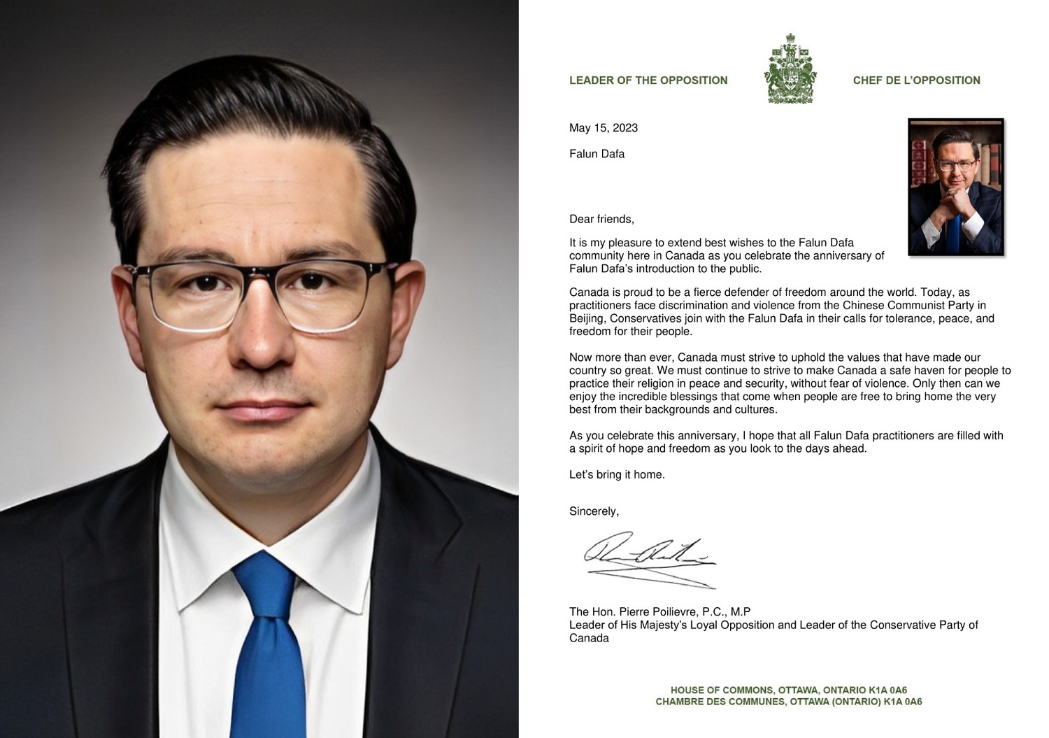 图1:保守党领袖皮埃尔·鲍利夫(Pierre Poilievre)发贺信,他说:“在加拿大庆祝法轮大法弘传周年纪念日之际,我很高兴向法轮大法致以最美好的祝愿。”