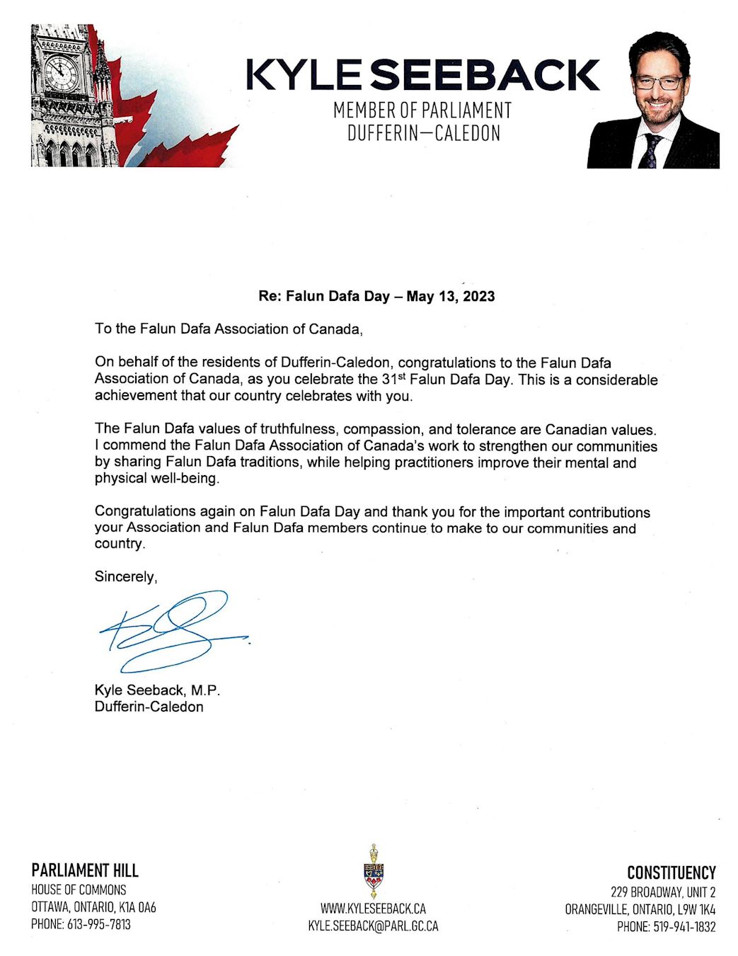 '图2:达弗林-卡莱登(Dufferin-Caledon) 选区国会议员凯尔·塞贝克(Kyle Seeback)的贺信'