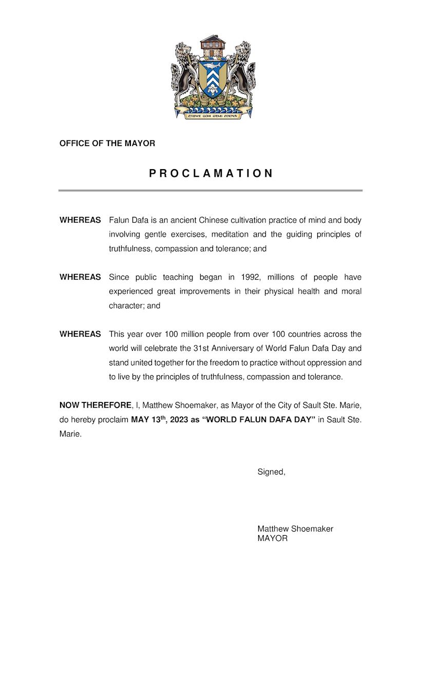 '图9:苏圣玛丽市(Sault Ste. Marie)市长马修·舒梅克(Matthew Shoemaker)在贺信中宣布二零二三年五月十三日为圣玛丽市的“世界法轮大法日”。'