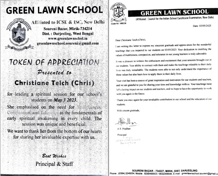 图10:米里克绿草坪学校(The Green Lawn School)发来的感谢信和奖状