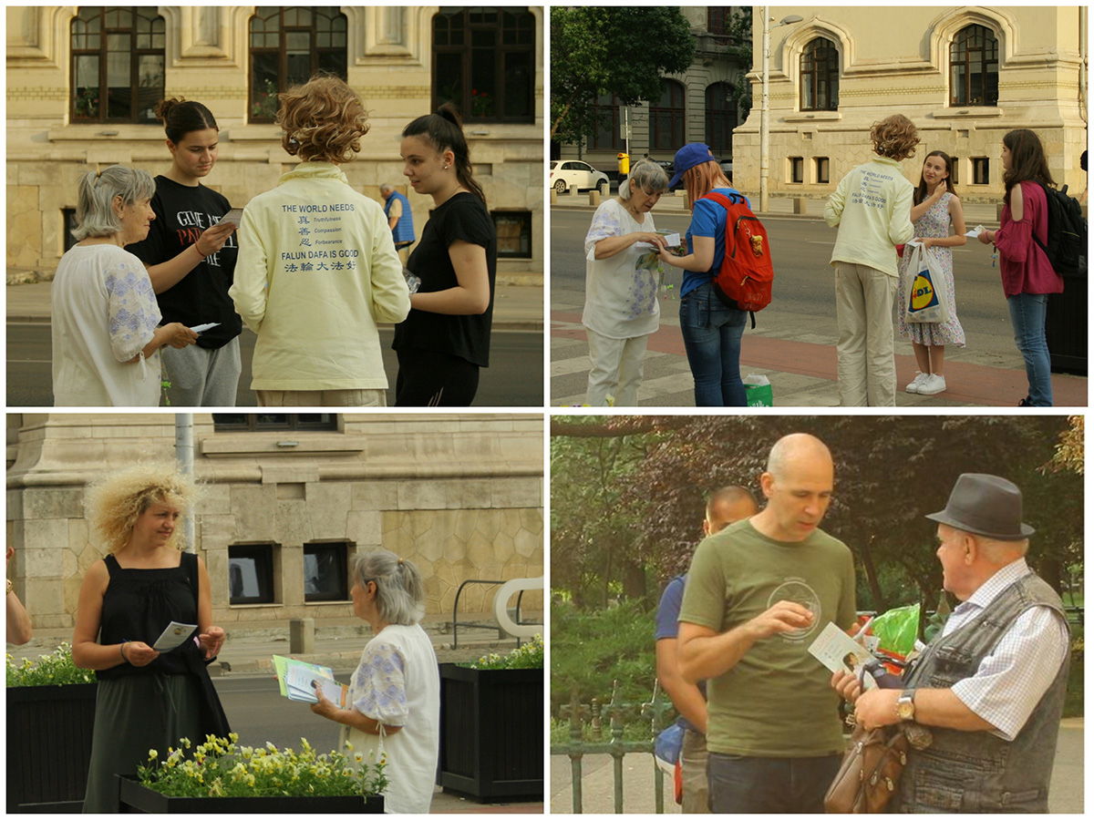 图1:二零二三年六月十七日,来自罗马尼亚首都布加勒斯特(Bucharest)的部份法轮功学员在市政厅对面的西什米朱公园(Cişmigiu Park)门口举办讲真相活动,向人们介绍法轮功及其真相。