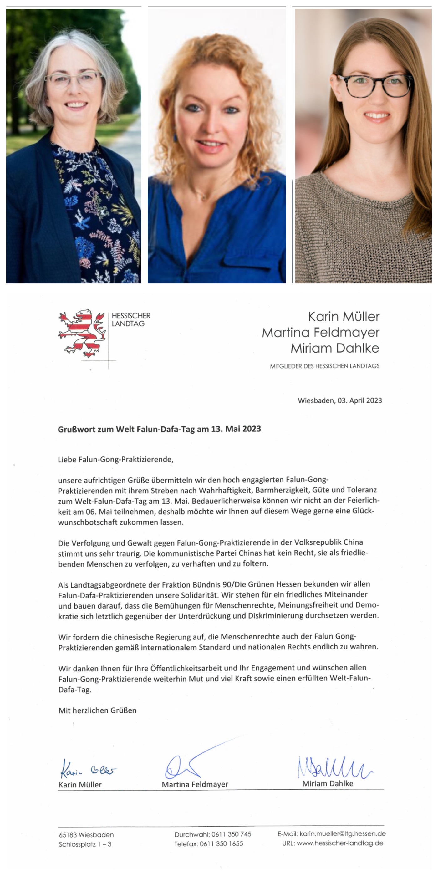 图5:黑森州议会副议长卡琳·米勒(Karin Müller,左)和两位绿党副主席马婷娜·费尔德迈尔(Matina Feldmayer,中),米莉亚·达尔克(Miriam Dahlke,右)联名发贺信,祝愿所有法轮功学员继续保持勇气和力量,度过一个圆满的世界法轮大法日。