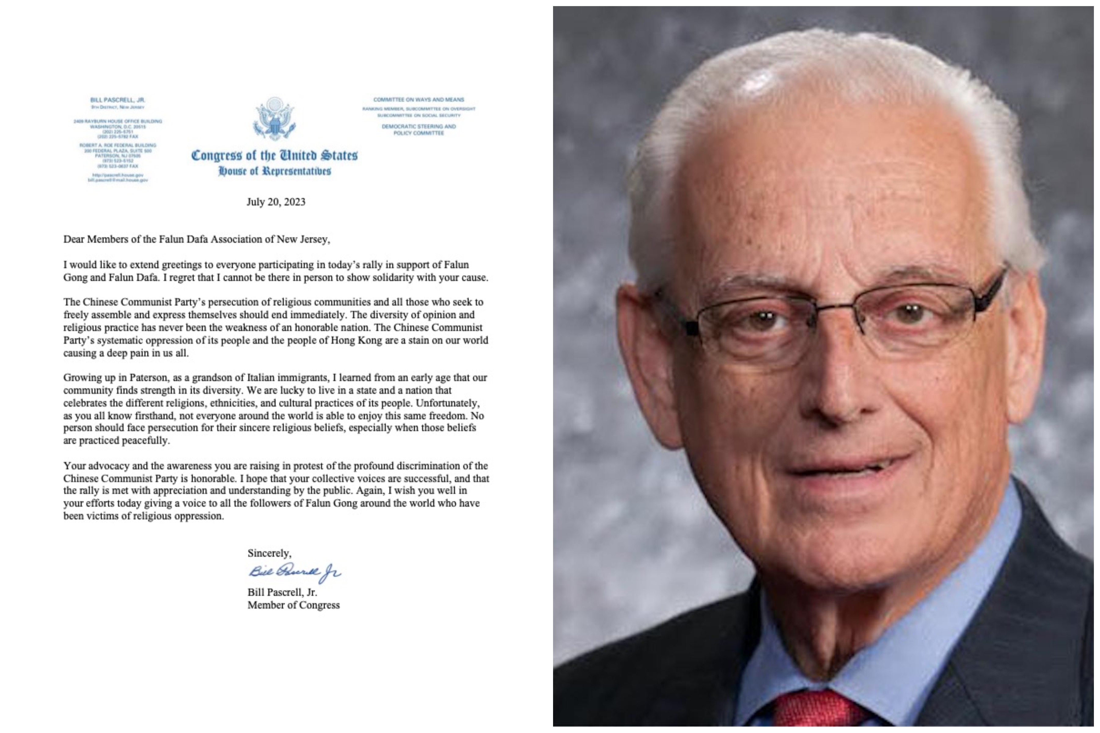 图3:美国新泽西州联邦众议员众议员比尔·帕斯克雷尔(Bill Pascrell)和他的声援信。