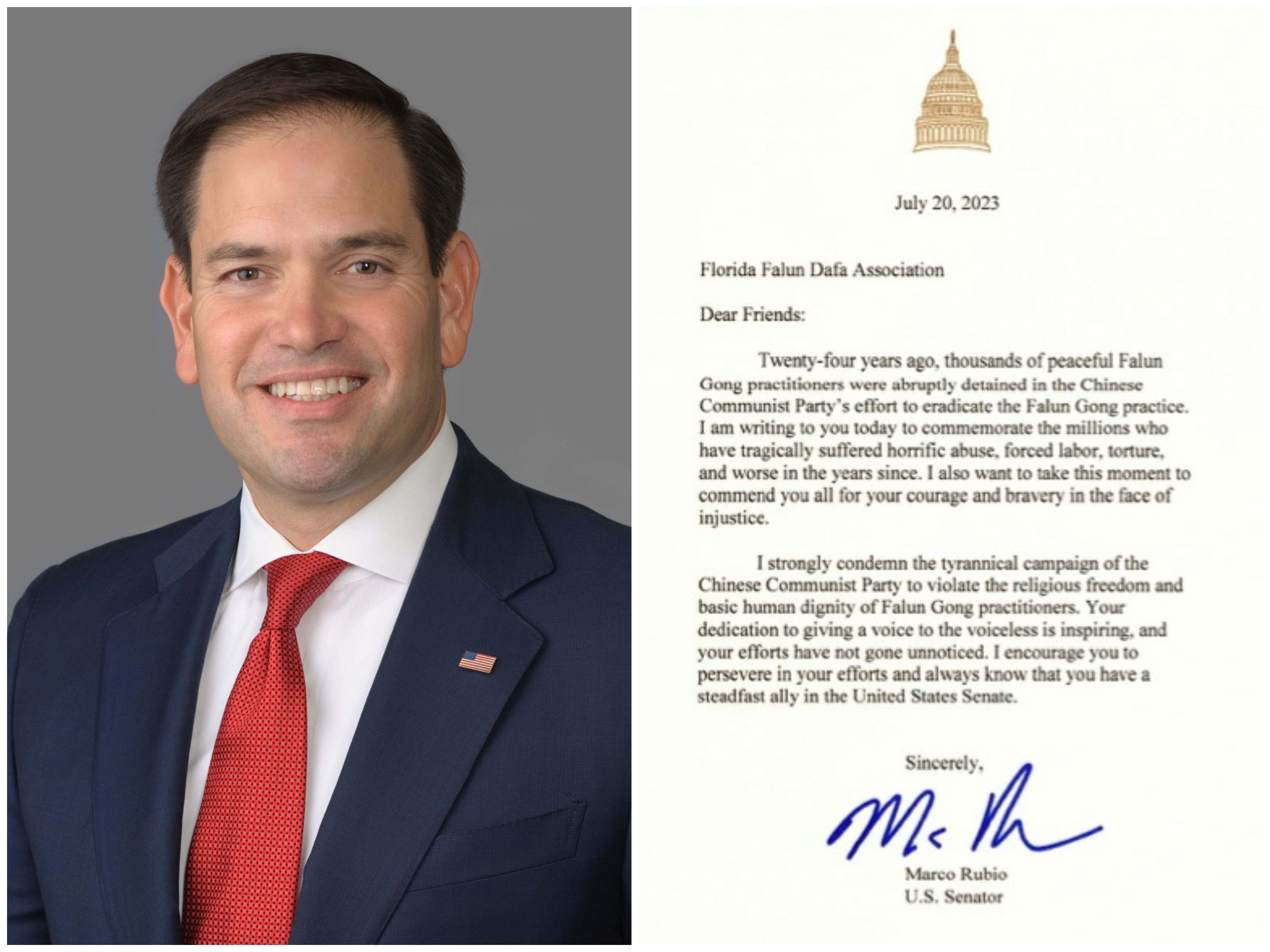 图2:美国佛罗里达州联邦参议员马可·卢比奥(Marco Rubio)和他的声援信。