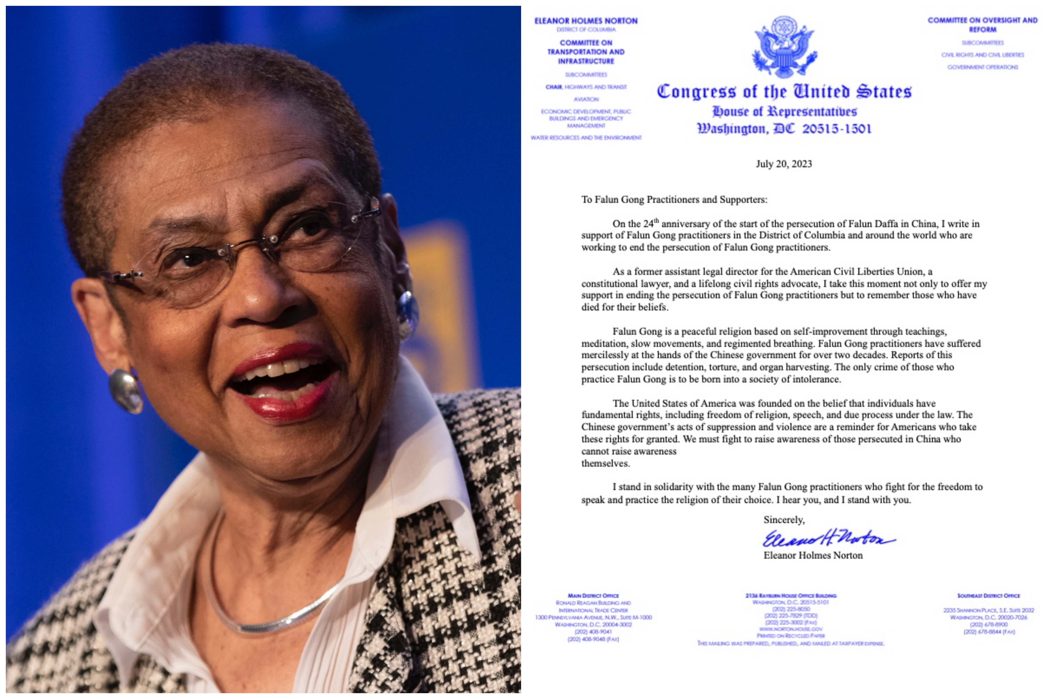 图5:华盛顿哥伦比亚特区联邦众议员埃莉诺·霍姆斯·诺顿(Eleanor Holmes Norton)和她的声援信。