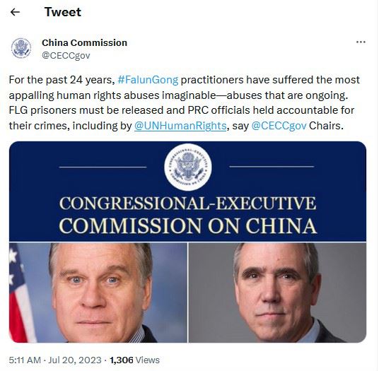 '图1:美国国会中国委员会在推特上发文,谴责中共对法轮功学员的迫害'