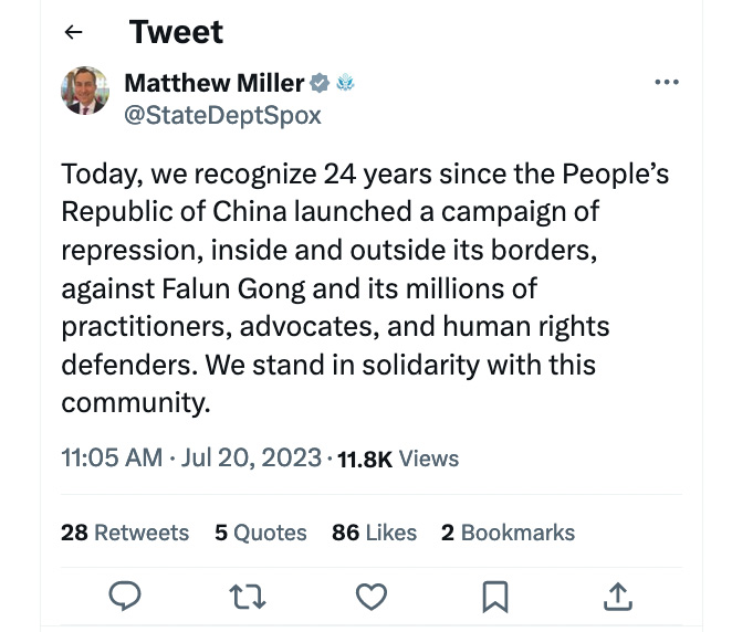 图6:美国国务院发言人马修·米勒(Matthew Miller)的推文截图