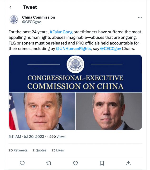 图8:美二零二三年七月二十日早晨,美国国会及行政当局中国委员会(CECC)在其官方推特上发表声明。(推文截图)