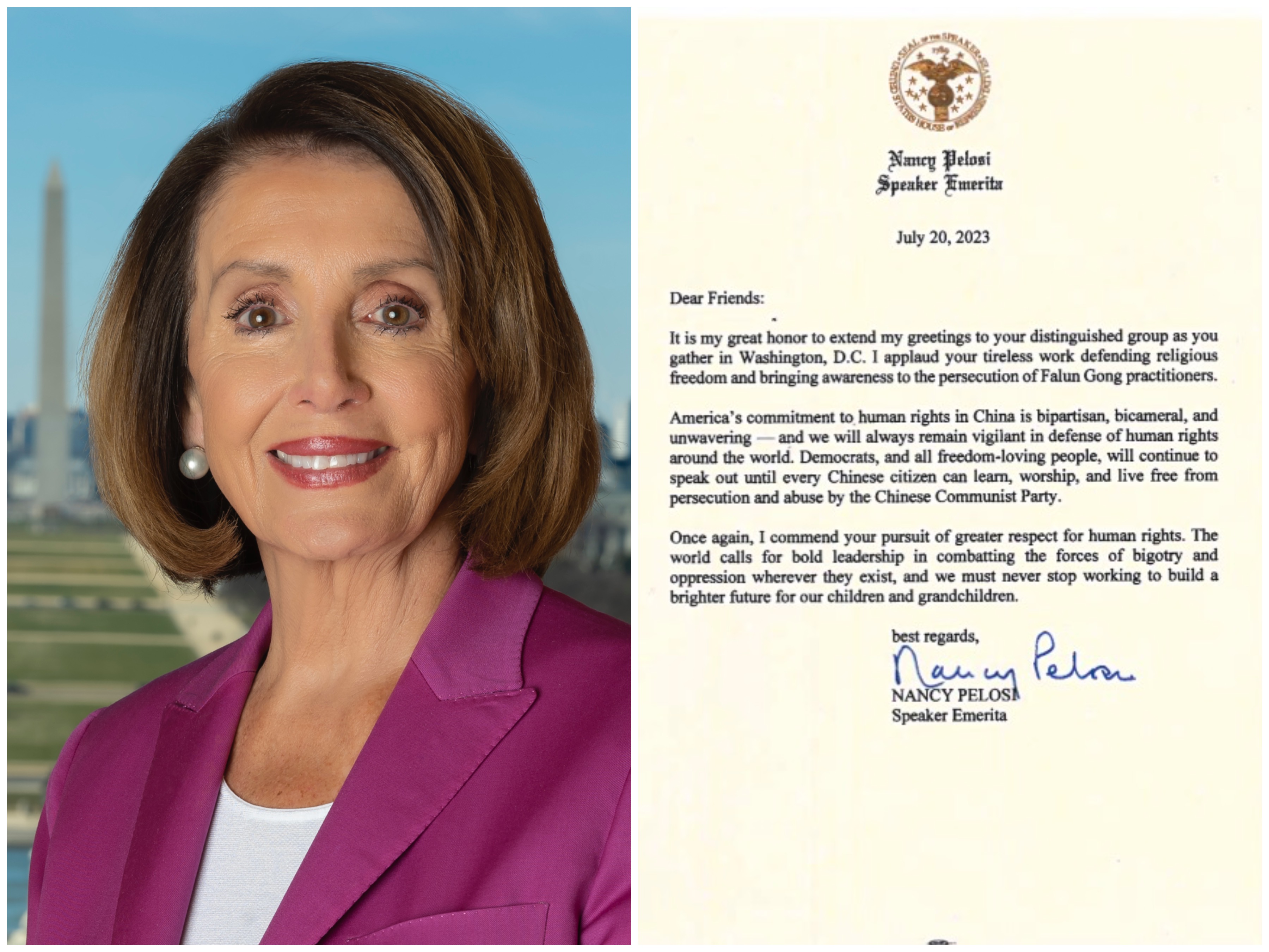 图3:美国前众议院议长,加州联邦众议员南希·裴洛西(Nancy Pelosi)和她的声援信。