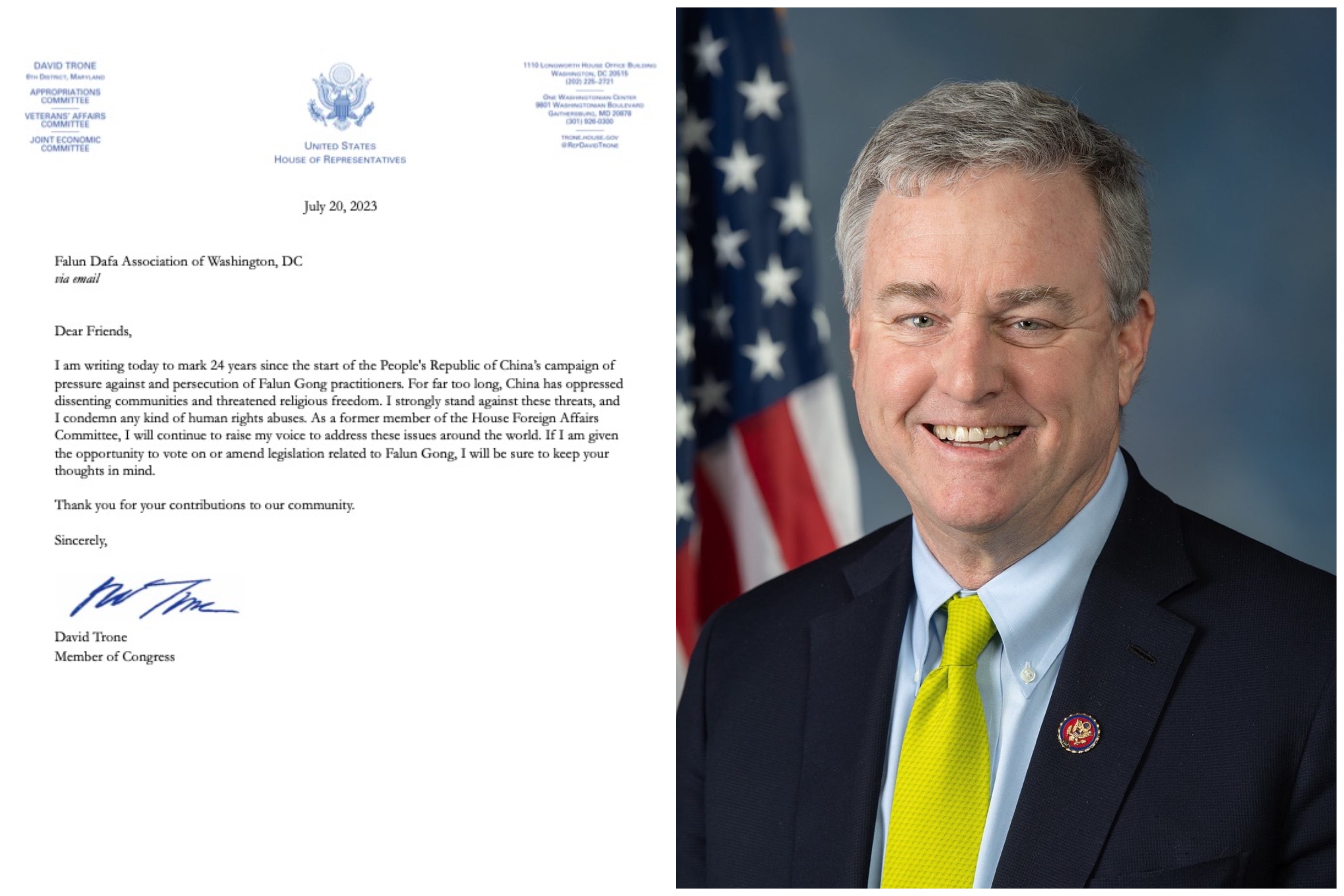 图1:美国马里兰州联邦众议员戴维·特朗(David Trone)和他的声援信。