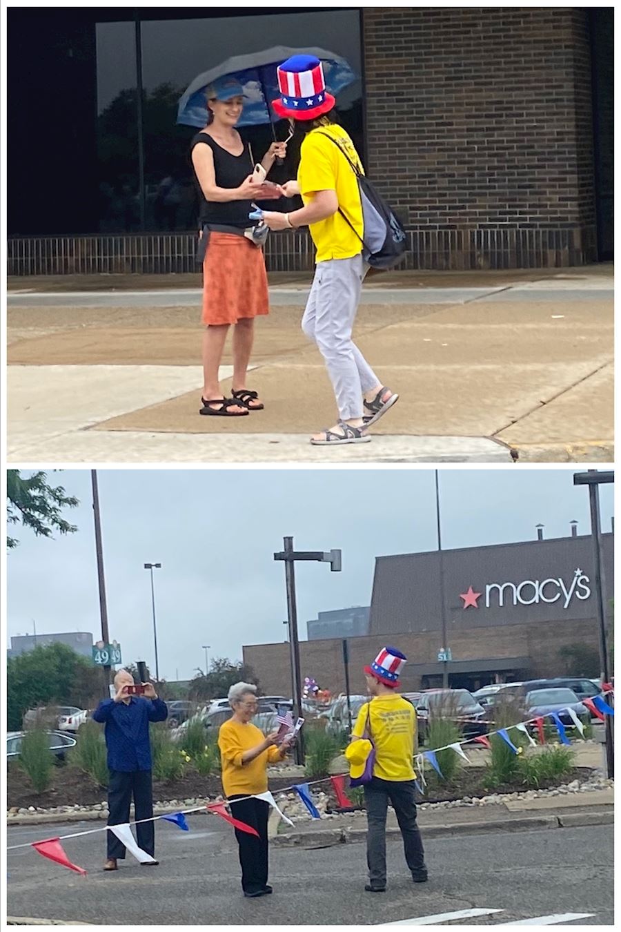 '图1~4:密西根学员参加了安娜堡市(Ann Arbor)举办的独立日游行,并向民众发送真相传单'