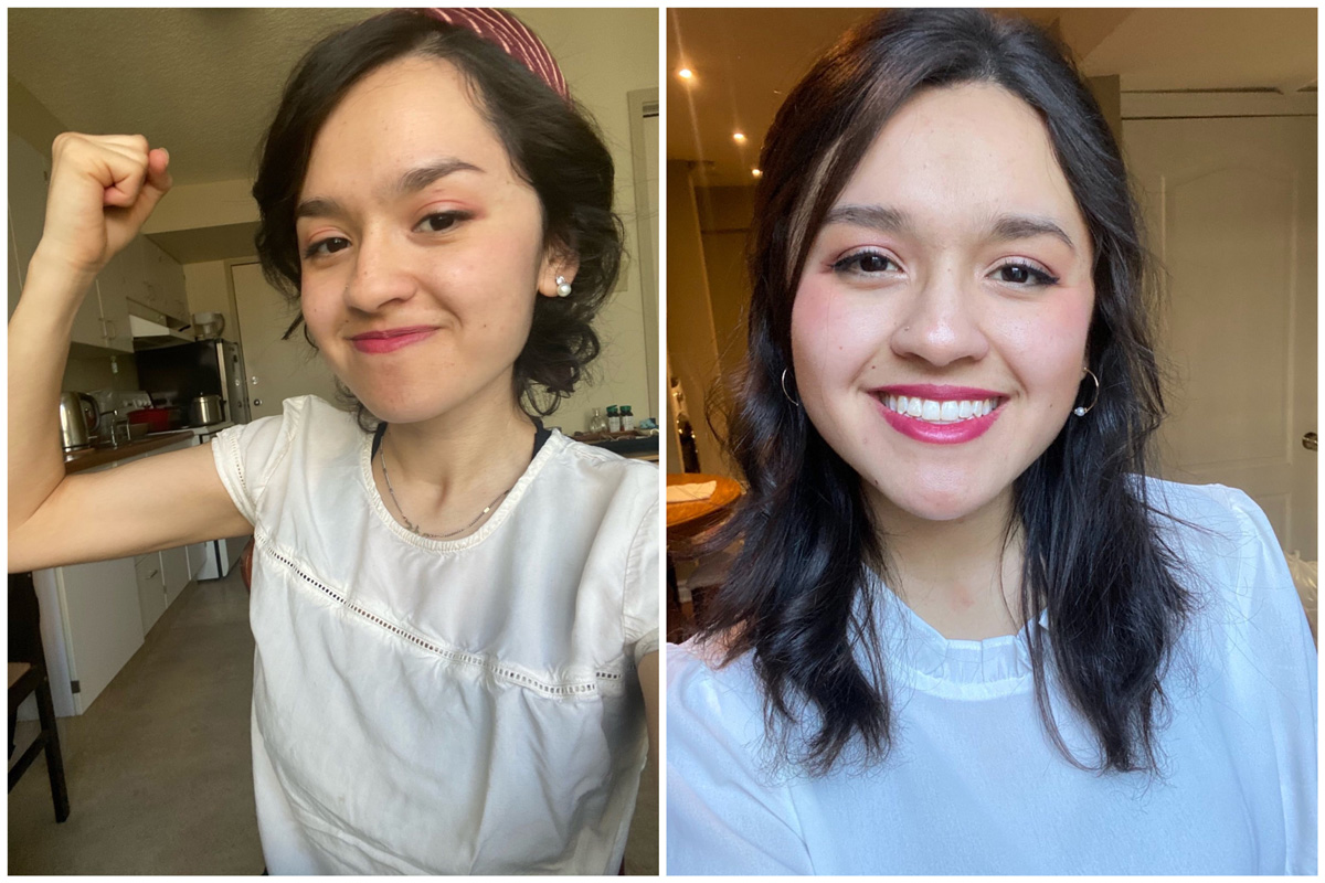 图2:卡罗琳娜修炼法轮功前后的对比:图左,学炼法轮功之前;图右,学炼法轮功后。