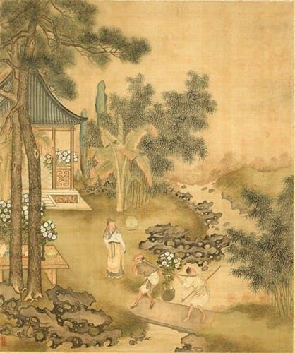 '寒露的第十天前后,黄菊盛开。(清 庄瑗《人物画卌・册・高士移菊图》,台北故宫博物院)'