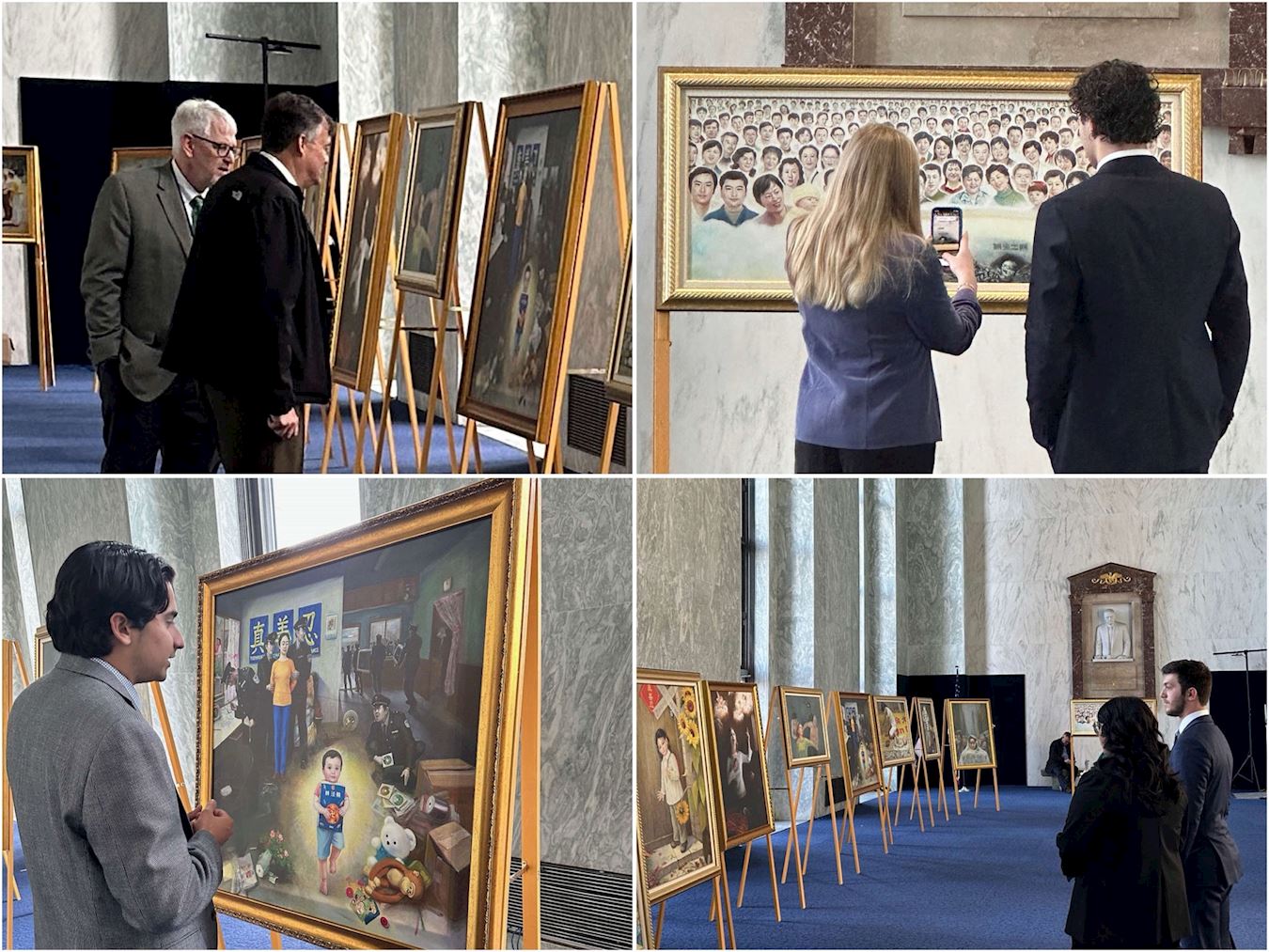 '图4:二零二四年十一月十二日至十五日,真善忍美展的部份画作在美国国会众议院展出,国会工作人员观看画作。'