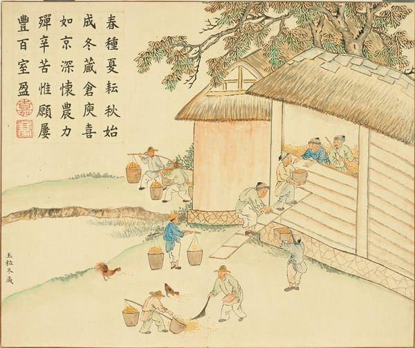 '农作物收晒完毕、收藏入库。(清 黄钺《春台熙皋・册・玉粒冬藏》,台北故宫博物院)'