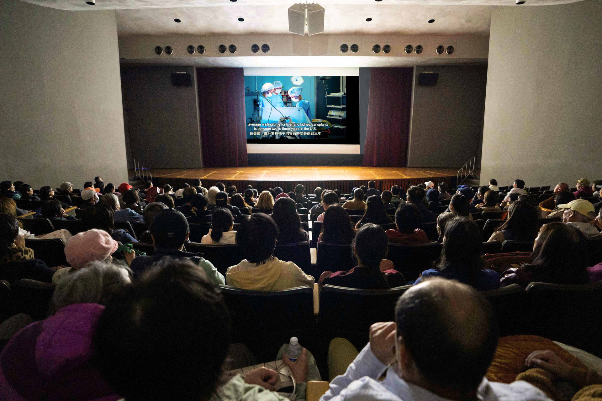 图1:十一月八日,近三百人观看了在美国旧金山帕洛阿图市社区剧院放映的《国有器官》电影。