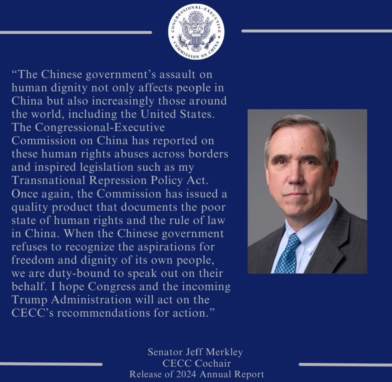 '图2:美国国会及行政当局中国委员会联合主席杰夫·默克利(Jeff Merkley)'