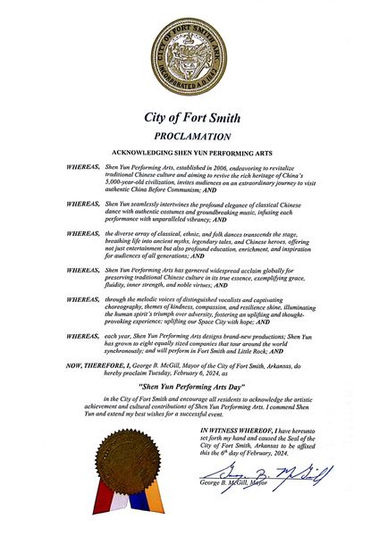 '图13:阿肯色州史密斯堡市(Fort Smith)市长乔治·麦吉尔(George McGill)为神韵发来的褒奖。'