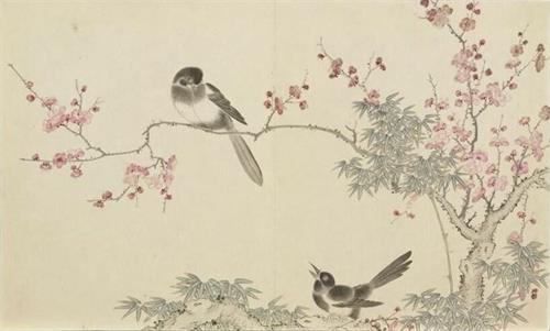 '清 董诰《平安春喜?梅竹双鹊》。(公有领域)'