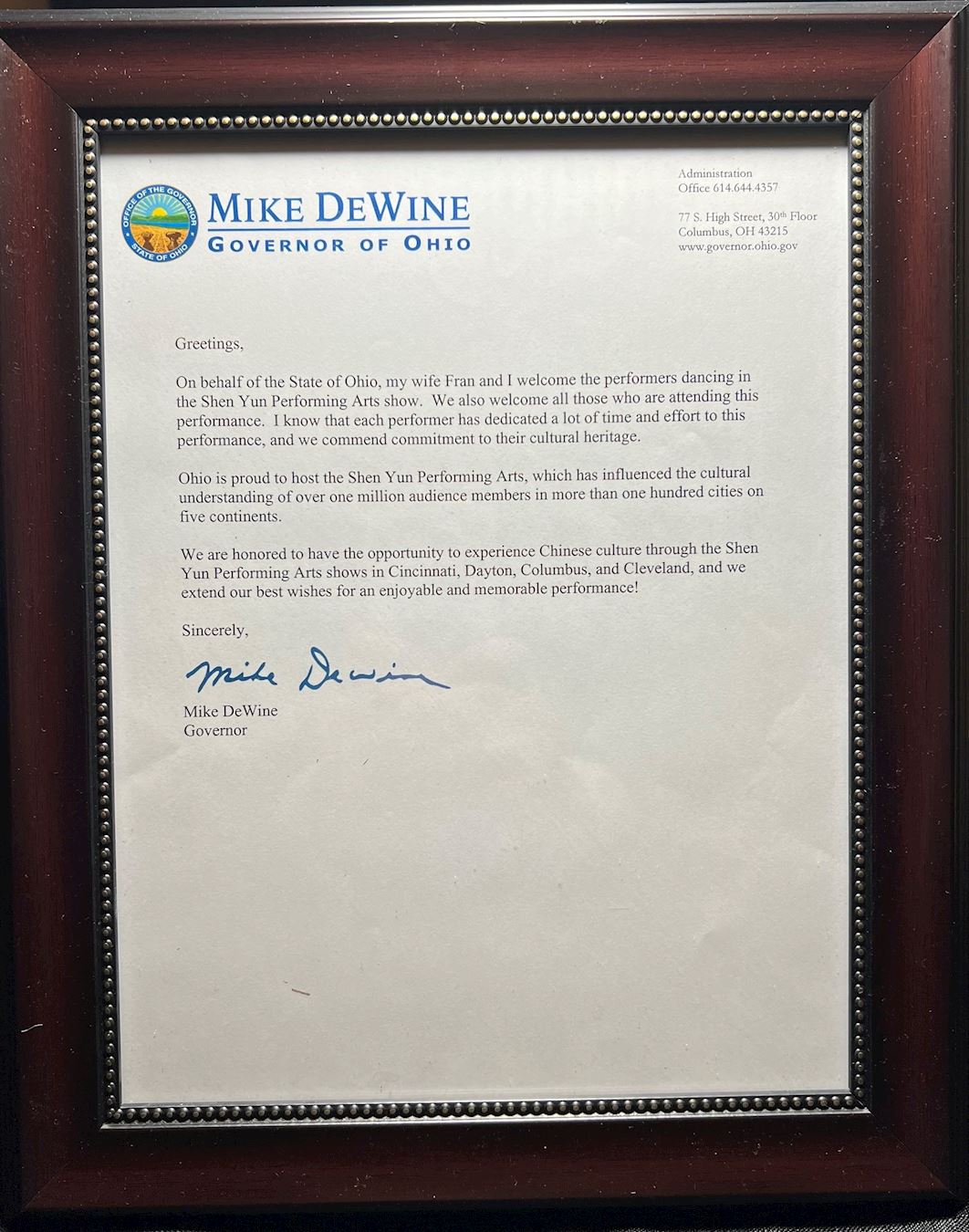 '图13:俄亥俄州州长迈克·德温(Mike DeWine)的贺信(由当地神韵主办方提供)'