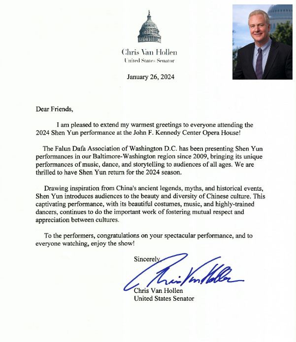 '图14:美国马里兰州联邦参议员克里斯·凡-浩伦(Chris Van Hollen)致贺信迎接神韵的莅临。(大纪元)'