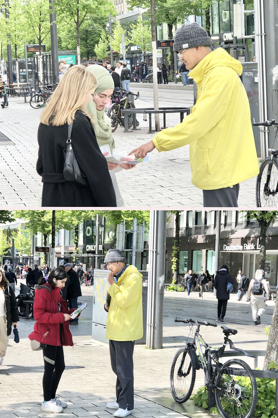 '图2~3:路人驻足关注,仔细聆听学员讲述中共迫害法轮功的事实真相。'