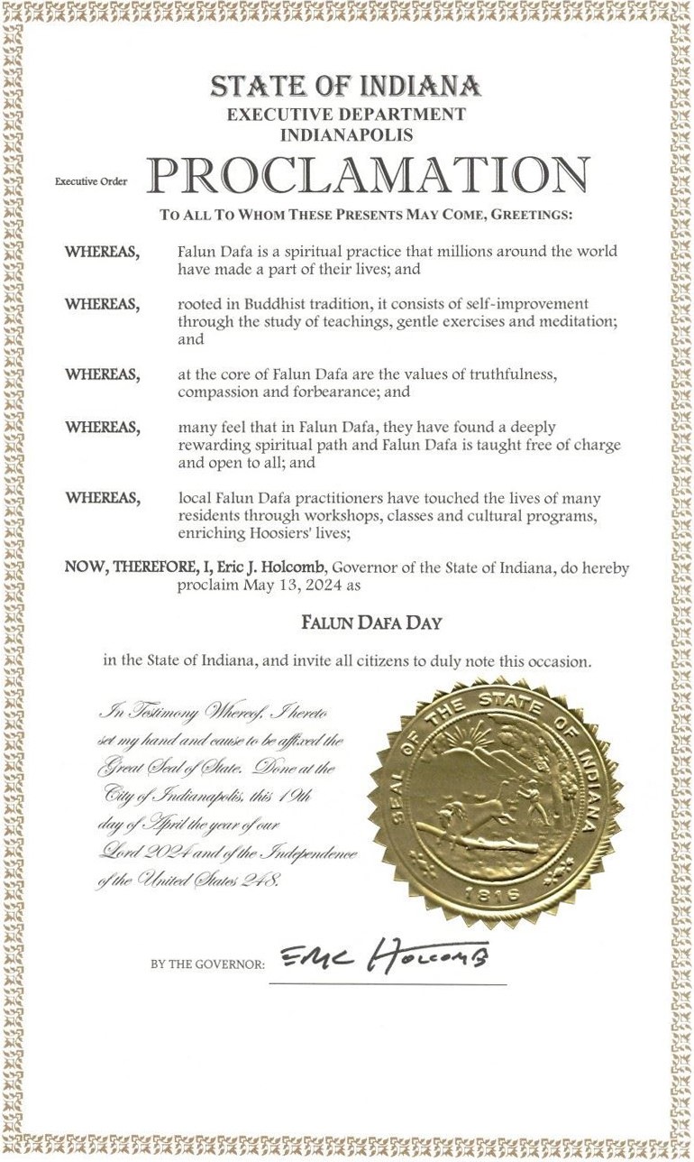 '图2:州长埃瑞克·霍科姆(Eric Holcomb)颁发的褒奖令'
