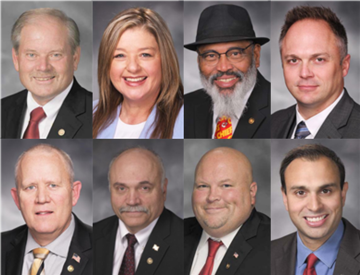 图2:颁发褒奖的密苏里州众议员。图上从左至右:威拉德·哈利(Willard Haley),塔拉·彼得斯(Tara Peters),理查德·布朗(Richard Brown),贾斯汀·斯帕克斯(Justin Sparks);图上从左至右:吉姆·卡尔伯洛(Jim Kalberloh),唐·梅休(Don Mayhew),本尼·库克(Bennie Cook),本·基思利(Ben Keathley)。