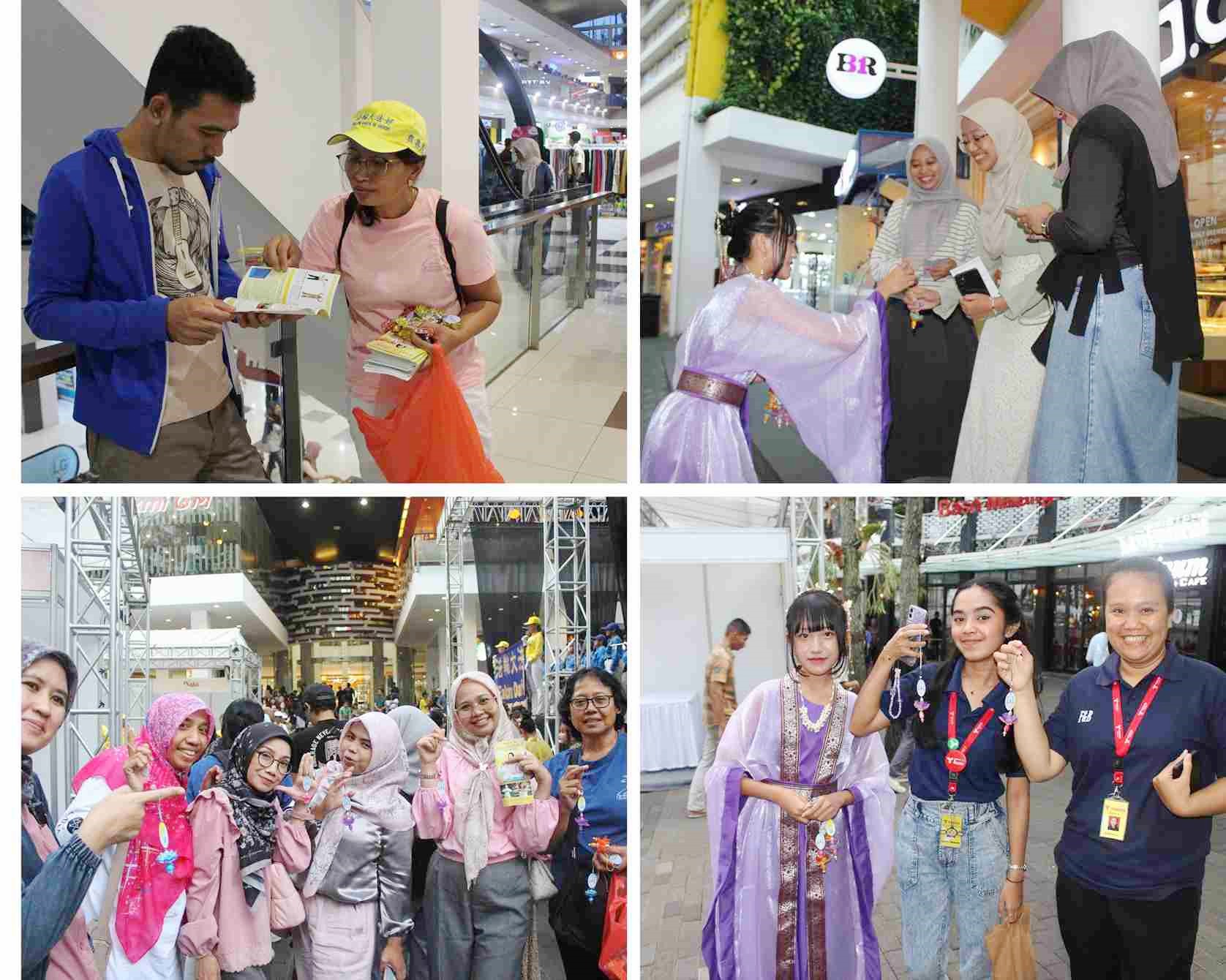 图7:许多观众高兴地接到法轮大法传单,有的表示回去会好好阅读传单的内容。