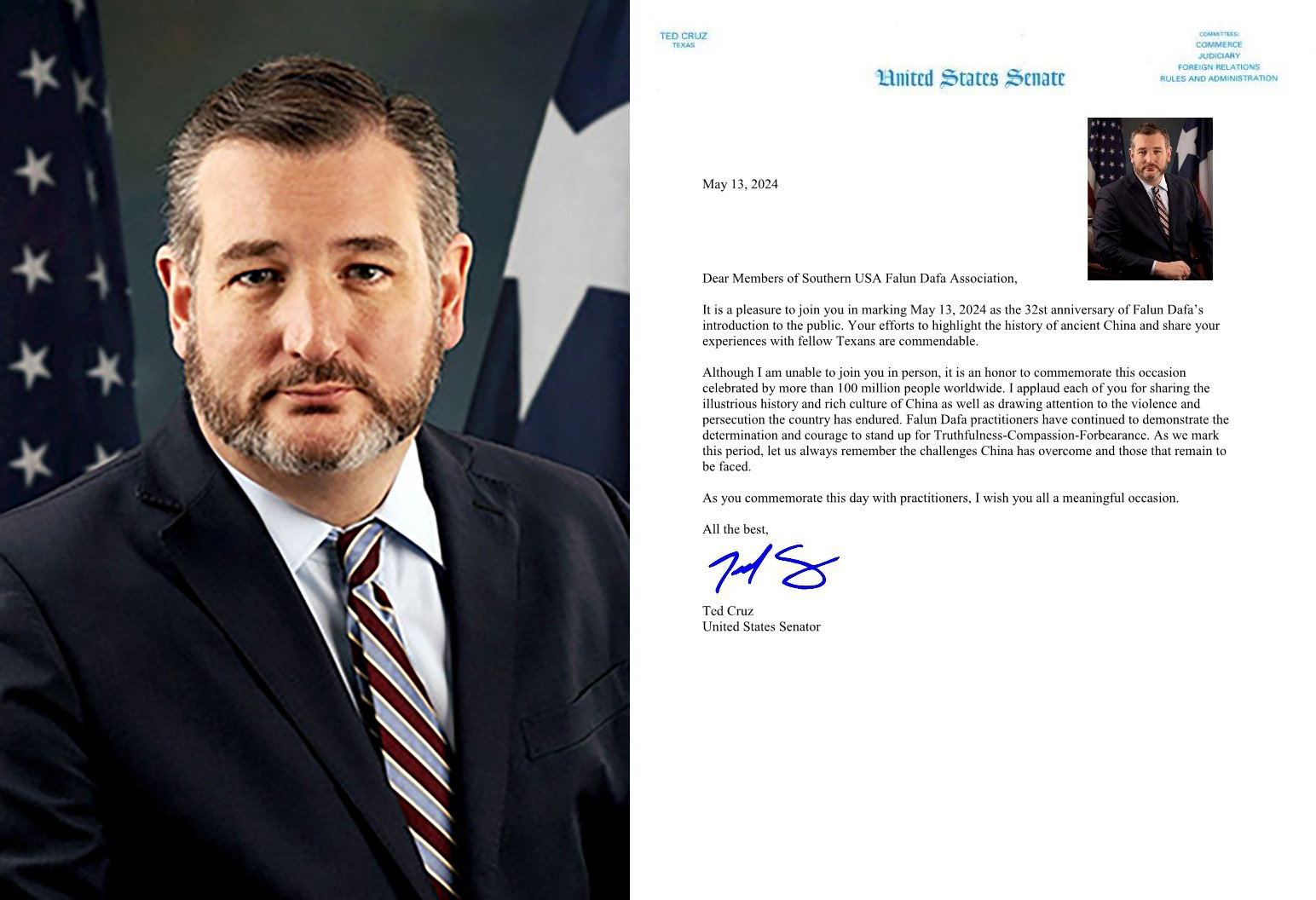图5:美国联邦参议员泰德·克鲁斯(Ted Cruz)给美南法轮大法学会发来贺信。